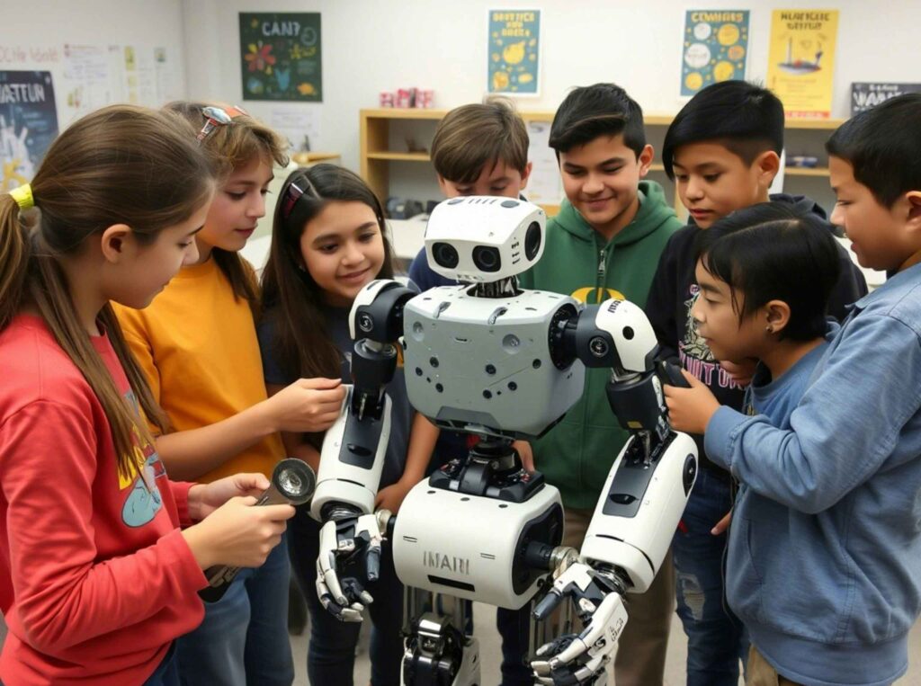 Students gather around a robot